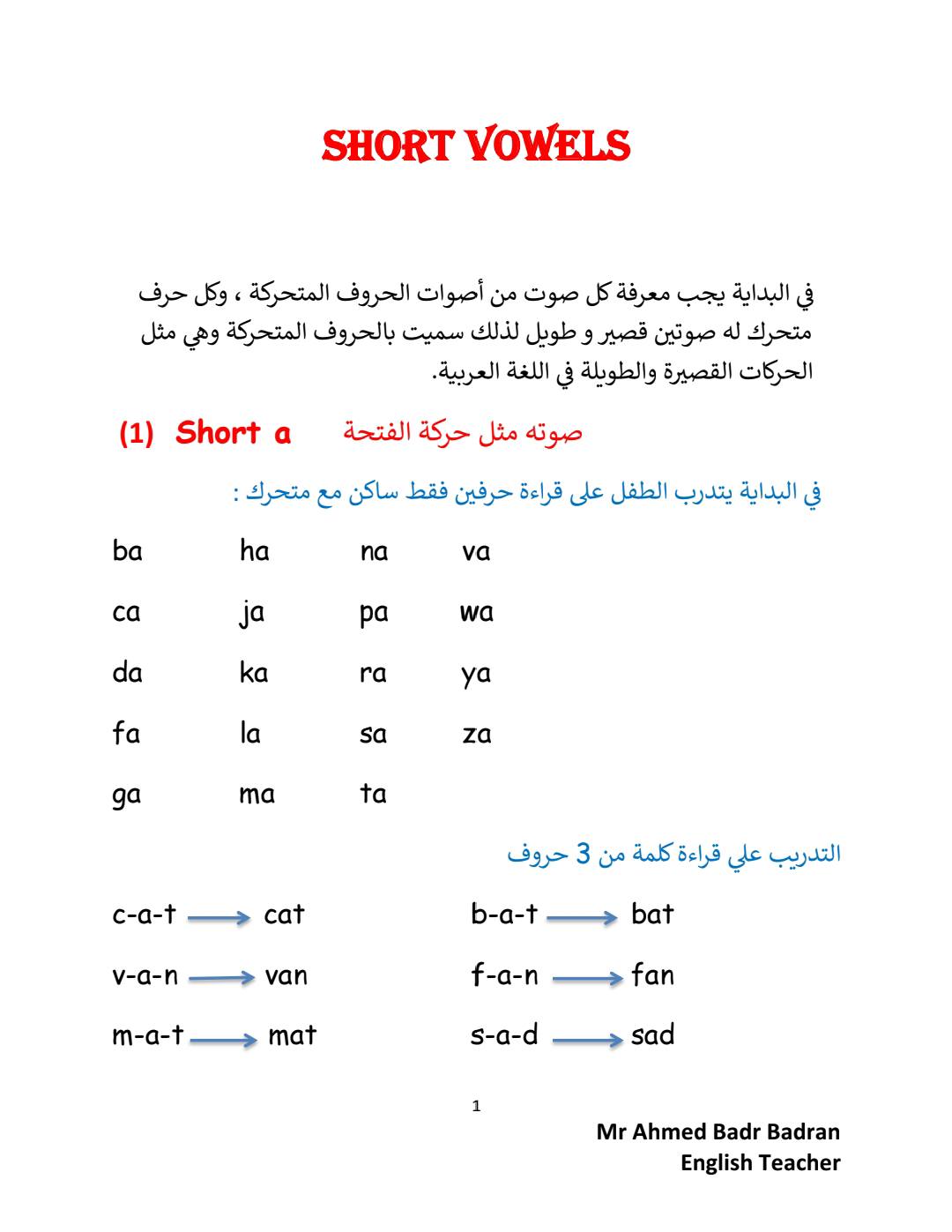 افضل مذكرة تأسيس الاصوات المتحركة القصيرة في اللغة الانجليزية PDF افضل مذكرة تأسيس الاصوات المتحركة القصيرة في اللغة الانجليزية PDF