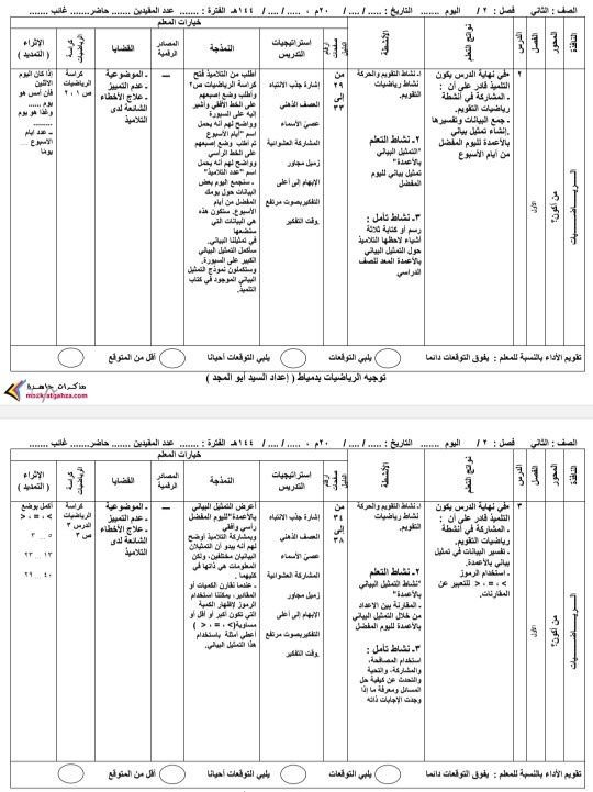 دفتر تحضير دروس الرياضيات للصف الثاني الابتدائي الفصل الدراسي الأول